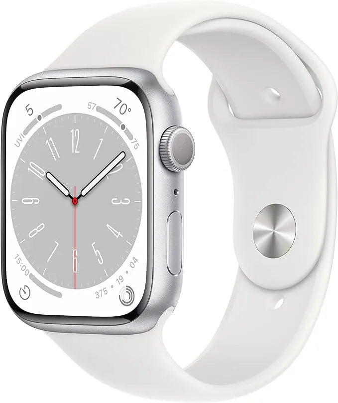 Apple Watch Series 8 (GPS, 45MM) Silver Aluminum Case with White Sport Band, S/M (Renewed Premium)