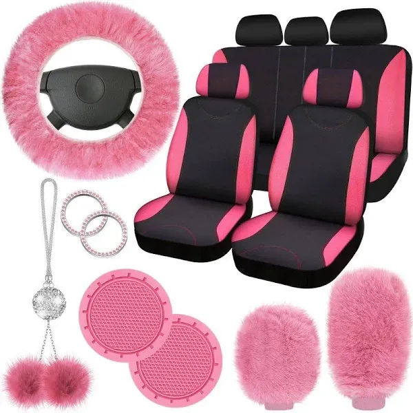 17 Pcs Car Seat Cover Full Set for Women Universal Fit Car Front Rear Seat Covers Fluffy Steering Wheel Covers Fleece Handbrake Shift Cover Hanging Accessory Holder Ring Emblem (Pink Black)