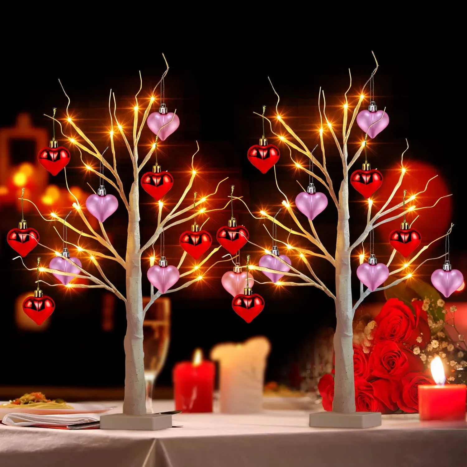 2Pcs Valentine 24'' Tabletop Birch Tree, Timing White Birch Tree with 24 LED Lights Battery Powered, Artificial Valentine Tree Set of 10 Heart Ornaments for Valentine's Day Table Decor Home Indoor