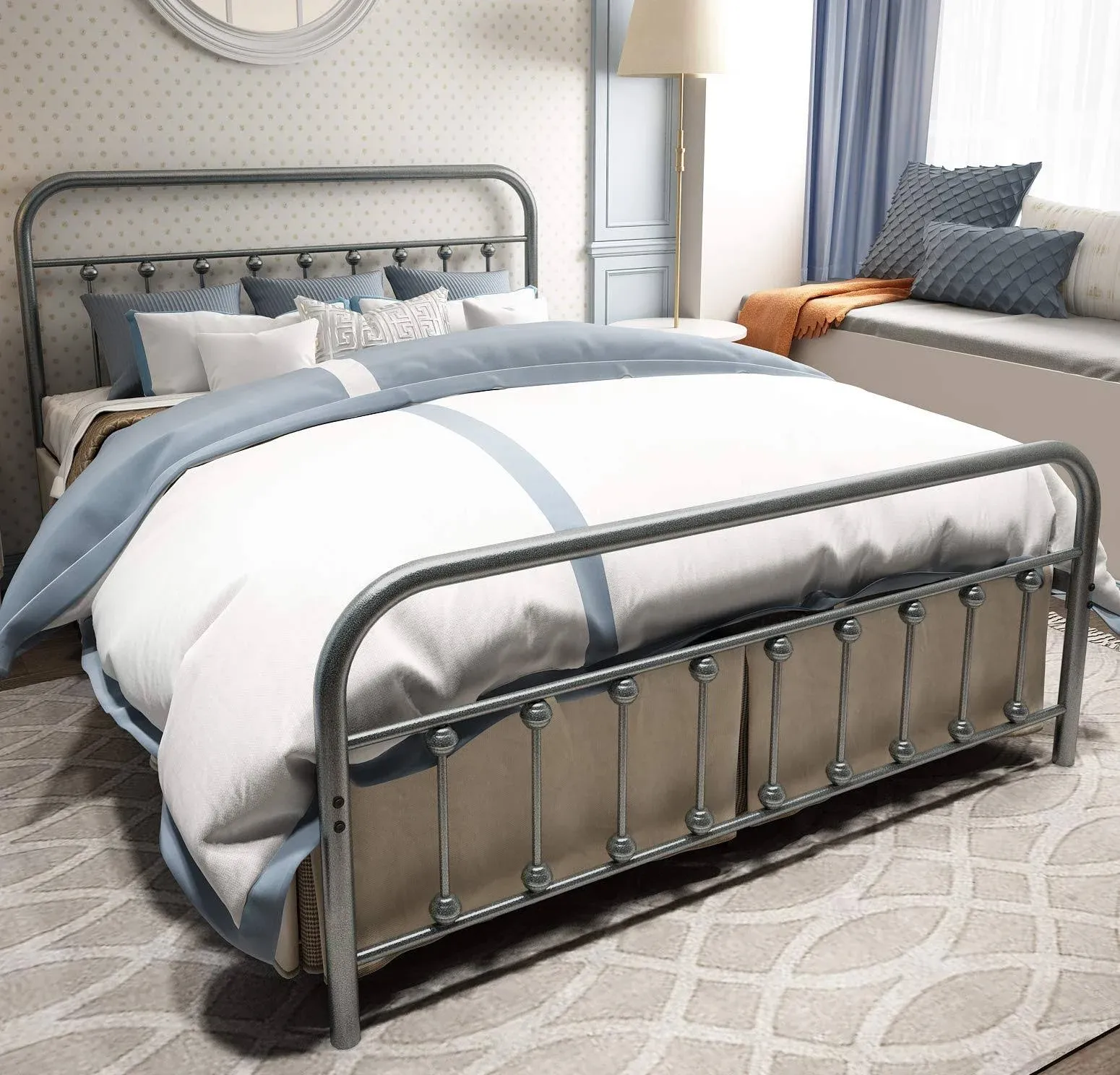 Metal Bed Frame Queen Size with Headboard and Footboard Single Platform Mattress