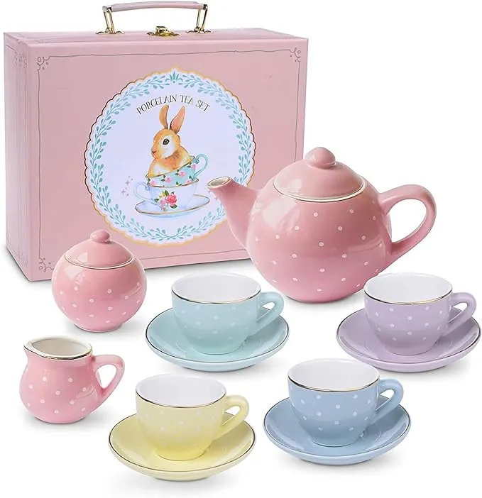 JEWELKEEPER 13 PIECE PORCELAIN TEA SET MULTICOLOR COMPLETE IN BOX NEVER USED