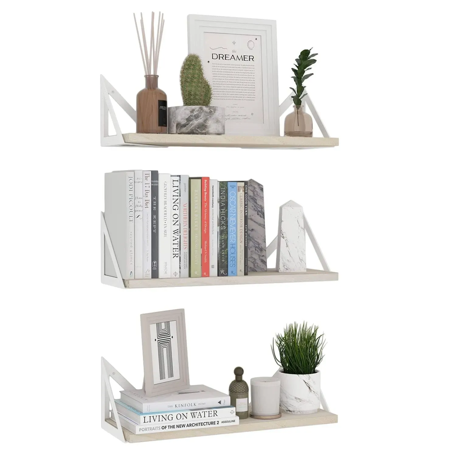 Wallniture Minori Floating Shelves for Wall Storage, Floating Bookshelf Set of 3, Bathroom and Kitchen Organizer Natural Wood Wall Shelves with White Brackets