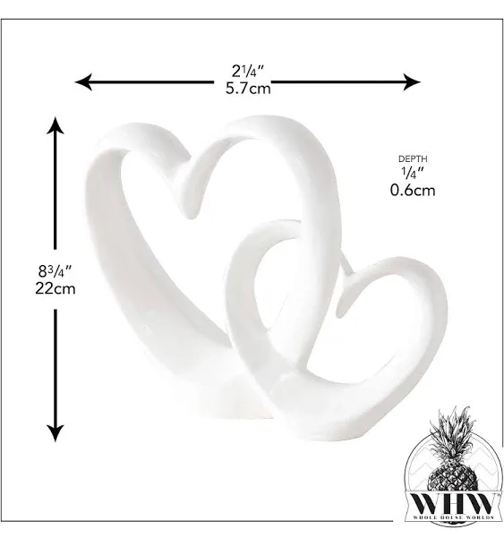 WHW Whole House Worlds Eternity Double Heart Sculpture, Decorative Modern Art, White Glazed Stoneware, 10 1/4 Inches Tall