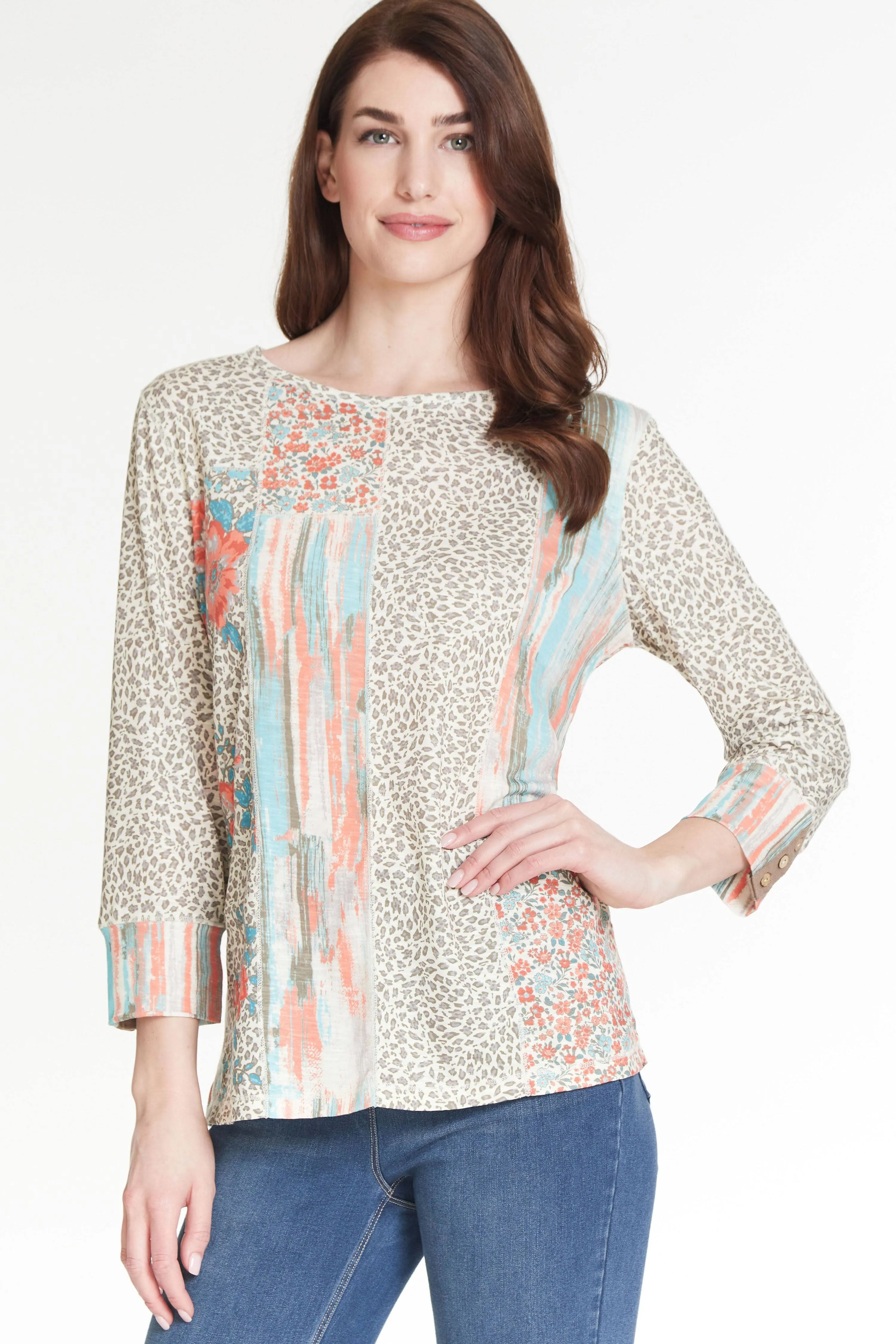 multiples Women's 3 Quarters Sleeve Scoop Neck Faux Multi-Panel Top