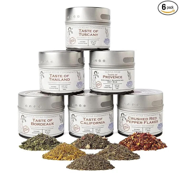 Gustus Vitae Salt-Free Gourmet Seasoning Collection Non-GMO 6 Magnetic Tins Small Batch Spice Blends