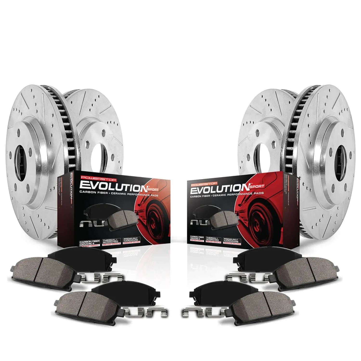 Power Stop K6130 Front and Rear Z23 Carbon Fiber Brake Pads with Drilled and Slotted Brake Rotors Kit and 1 Front & 1 Rear Sensor Wires For 2012 2013 2014 2015 2016 Audi A6 Quattro A7 Quattro