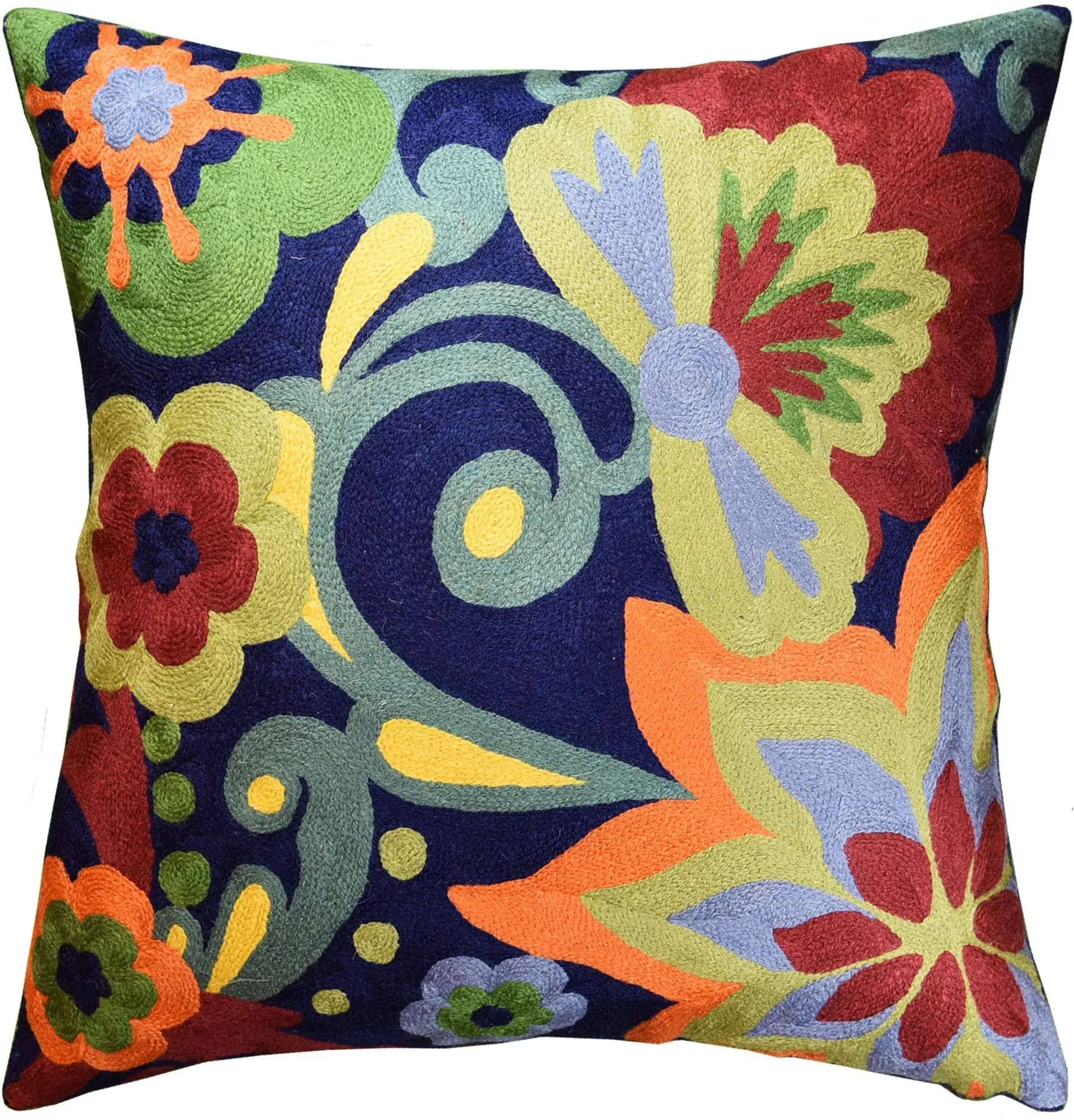 Suzani Floral Bloom Navy Decorative Pillow Cover Handembroidered Wool 18x18&quot;