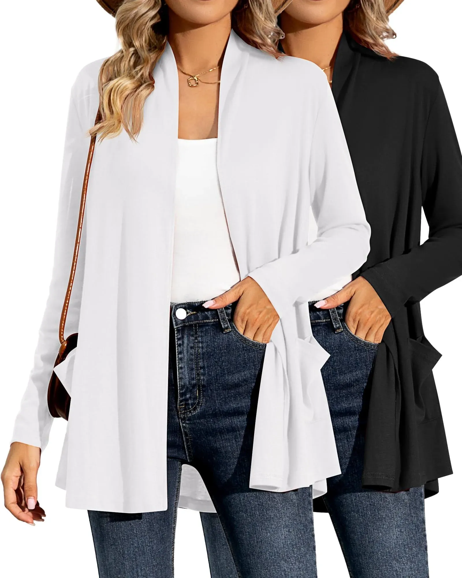 Ficerd 2 Pcs Women&#039;s Long Sleeve Cardigans Casual Drape Open Front Lightweight C