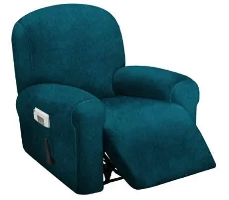 H.VERSAILTEX Velvet Stretch Recliner Couch Covers 4-Pieces Style Recliner Chair Covers Recliner Cover for Reclining Chair Slipcovers Feature Non Slip Form Fitted Thick Soft Washable, Deep Teal