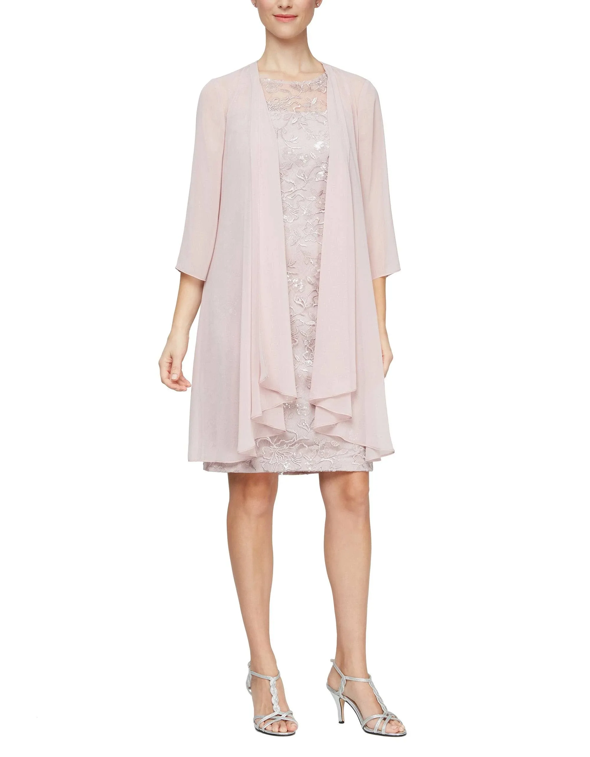 Alex Evenings Petite Size Embroidered Sheath Chiffon 2-Piece Jacket Dress - 10p