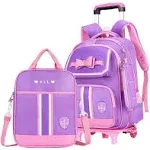 MITOWERMI Rolling Backpack for Girls Cute Trolley Bags Primary School Bookbags with Wheels Kids Carry-On Wheeled Backpack with Lunch Bag