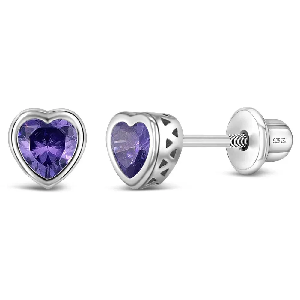 Girls' CZ Birthstone Heart Screw Back Sterling Silver Earrings - Dark Blue - in Season Jewelry