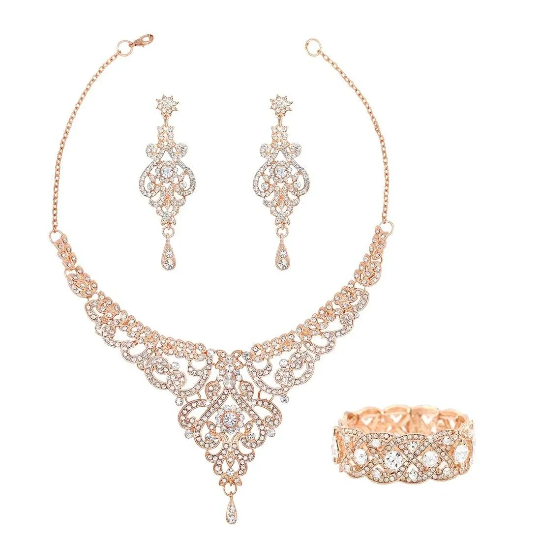 Crystal Wedding Jewelry Set Necklace Earring Set For Women and Brides Rose Gold and Silver Bridal Statement Jewelry sets