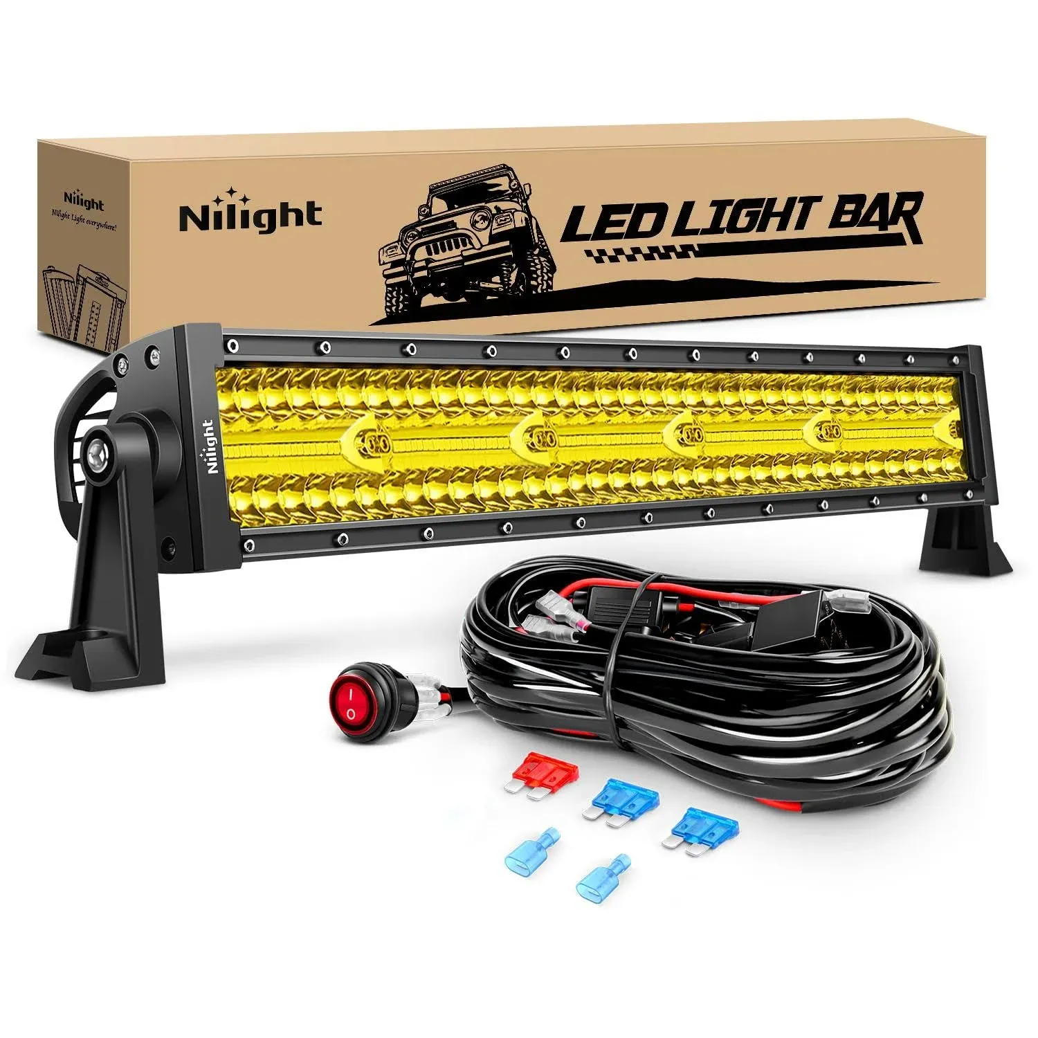 Nilight Amber Led Light Bar 22Inch 480W Triple Row Flood Spot Combo Waterproof Off Road Driving Lighting with Off-Road Wiring Harness for Boat Trucks Pickup SUV ATV UTV