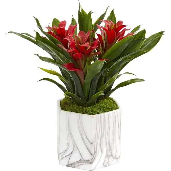 Nearly Natural Bromeliad Artificial Plant in Marble Finished Vase - Red