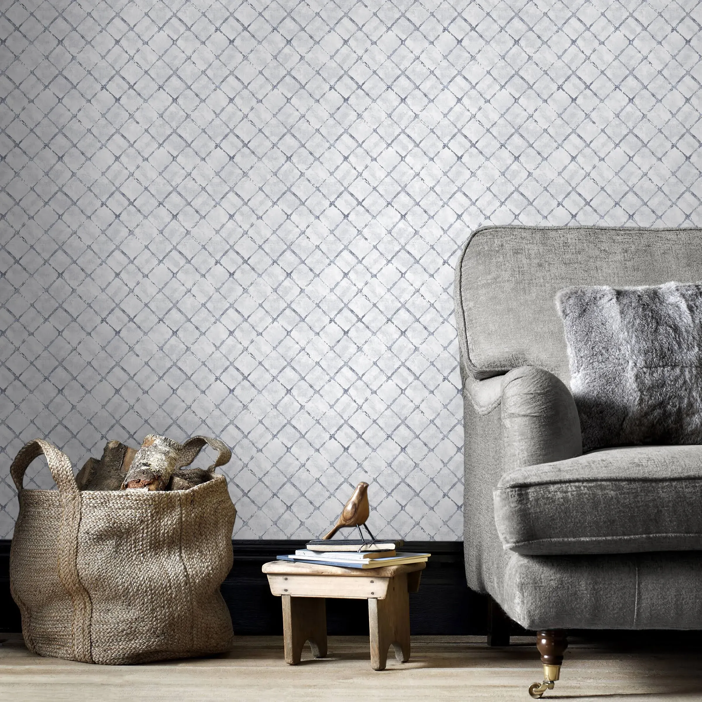 Norwall FH37551 Chicken Wire Prepasted Wallpaper, Grey, Blue, Navy, Dolphin Blue