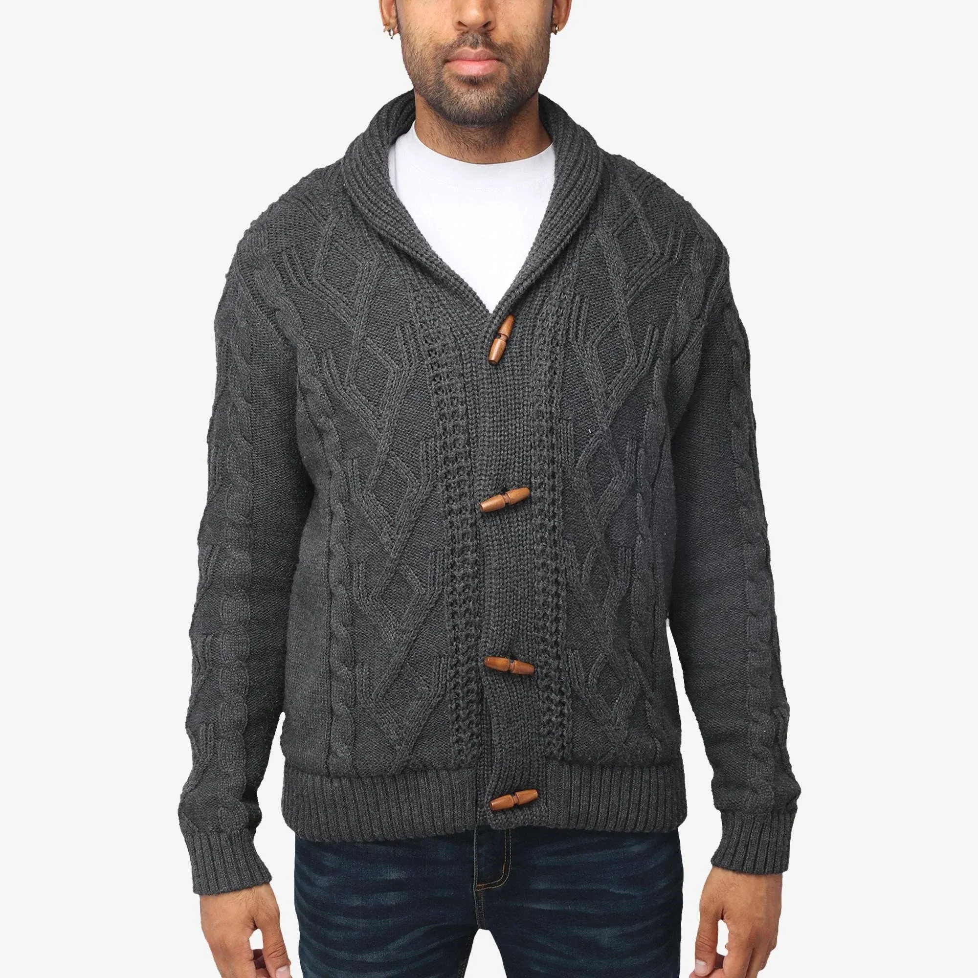 x Ray Men's Cable Knit Shawl Collar Cardigan - Charcoal - Size L