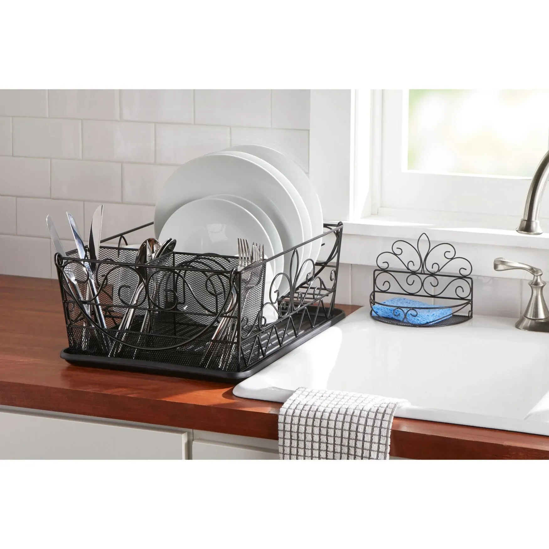 BrylaneHome Scroll Dish Rack with Sponge Holder, White