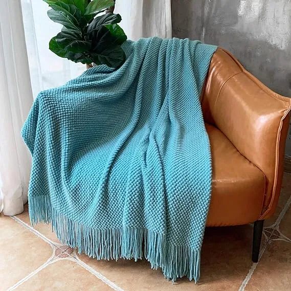 LOMAO Knitted Throw Blanket with Tassels Bubble Textured Lightweight Throws for Couch Cover Home Decor (Lake Blue, 50x60)