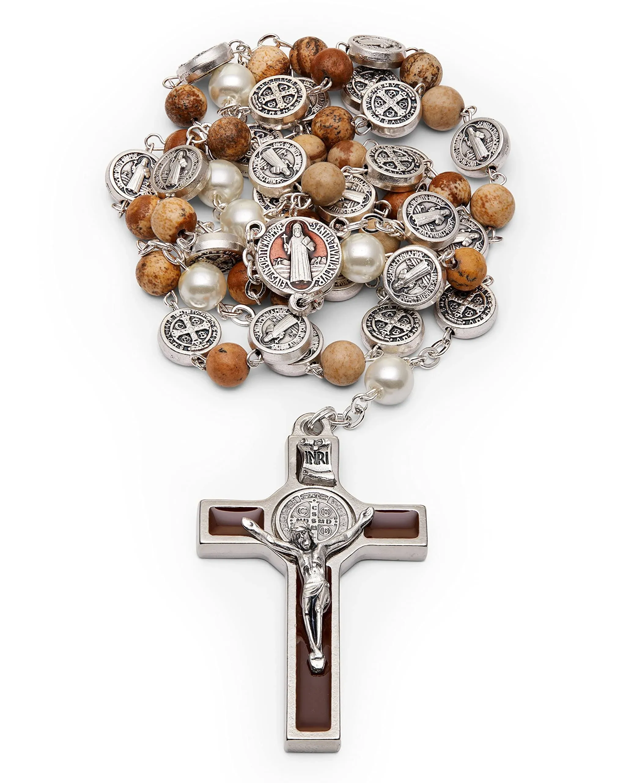 St. Benedict Rosary in pearl glass our father beads | MONDO CATTOLICO