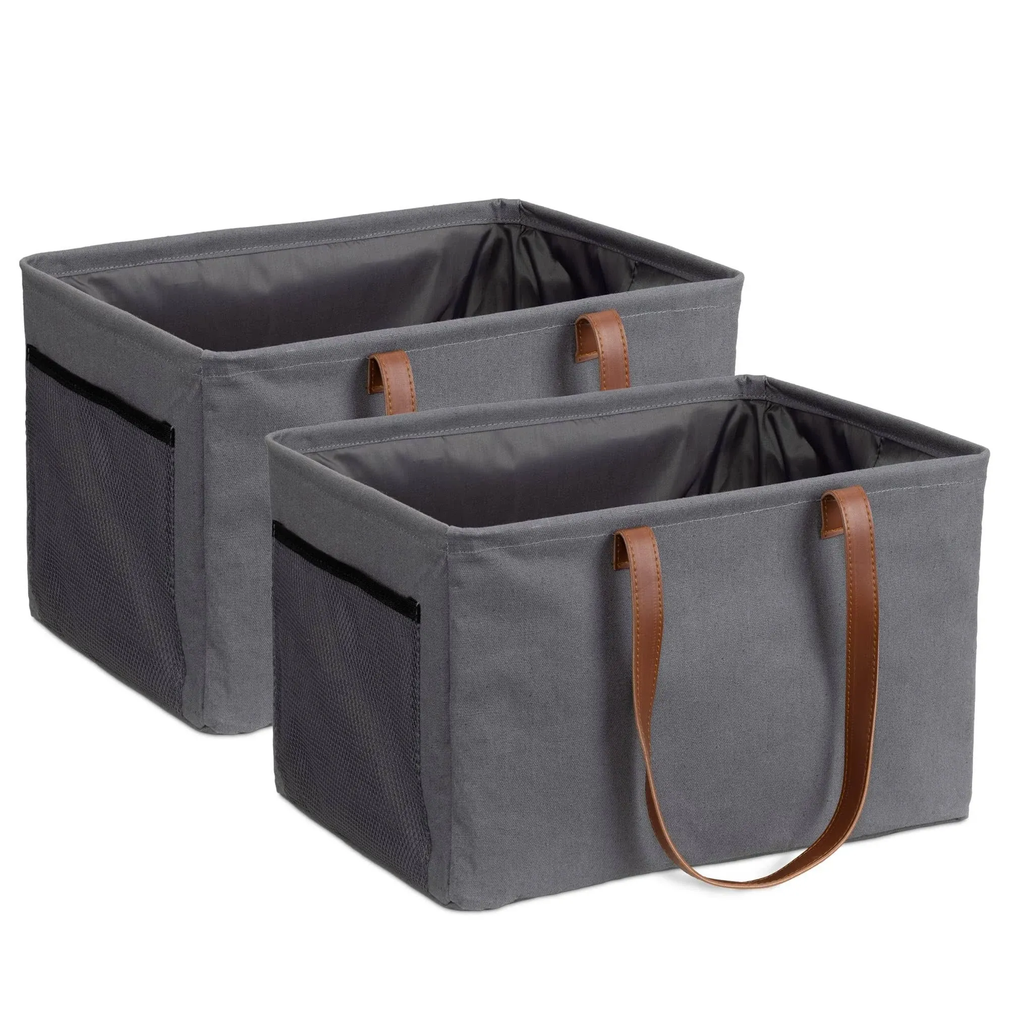 Navaris Collapsible Laundry Baskets - Set of 2 - Foldable Washing Hampers - Clothes Storage Bins with Fabric Drawstring Lid & Side Handles - Gray