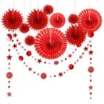 Decor365 Red Party Decorations Chinese New Year Tissue Pompom Paper Fan Hanging Decor Birthday Party Garland Glitter Circle Dots Garland Steamer Banner Backdrop for Girls Wedding Valentines Day