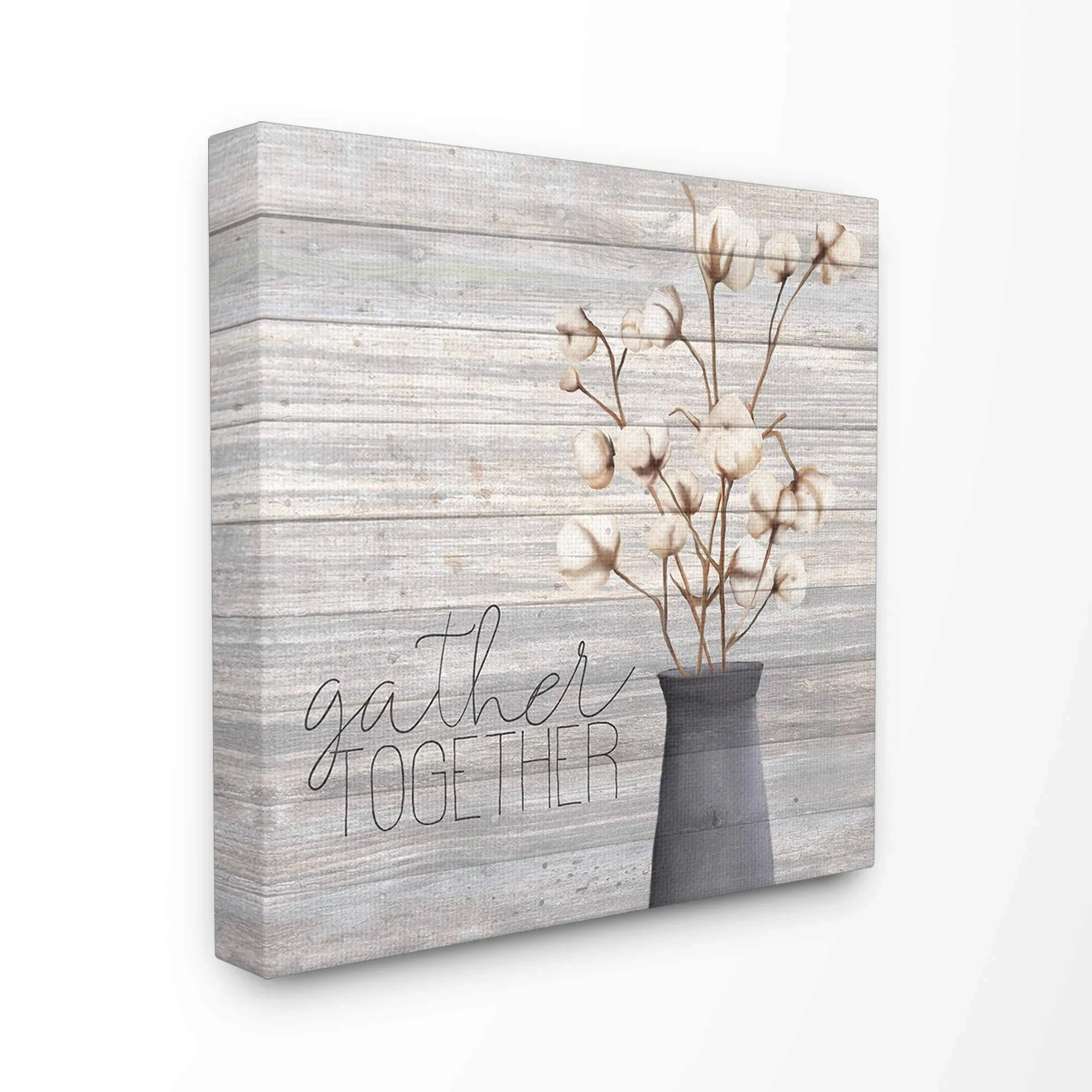 The Stupell Home Decor Grey Gather Together Cotton Flowers in Vase Canvas Wall ...