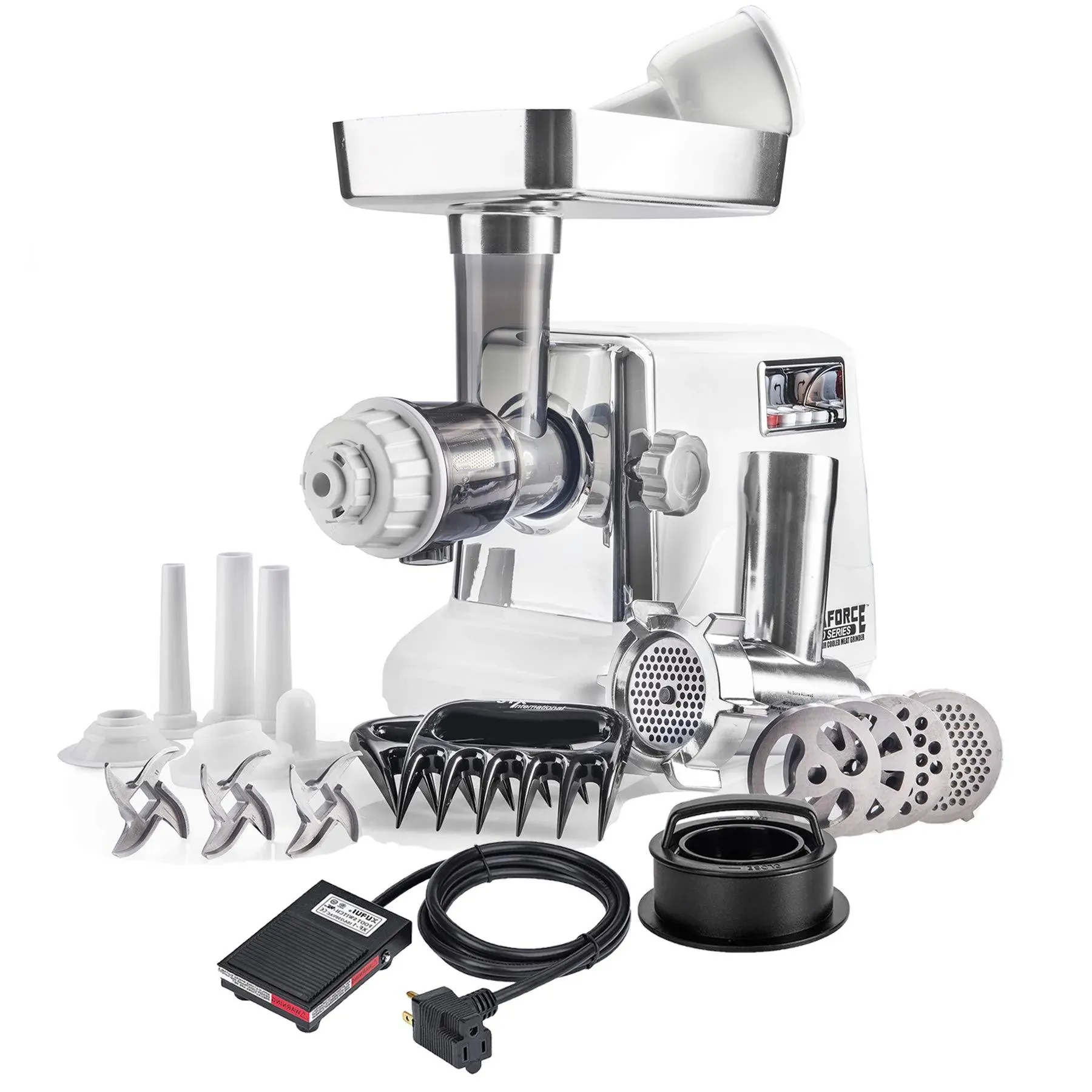 STX Turboforce 3000 Series 7-In-1 Powerful Size #12 Electric Meat Grinder w/Foot Pedal • Cold Press Juicer • Sausage Stuffer • Kubbe Kit • Patty Press • Meat Claws • 3 S/S Blades • 5 Grinding Plates