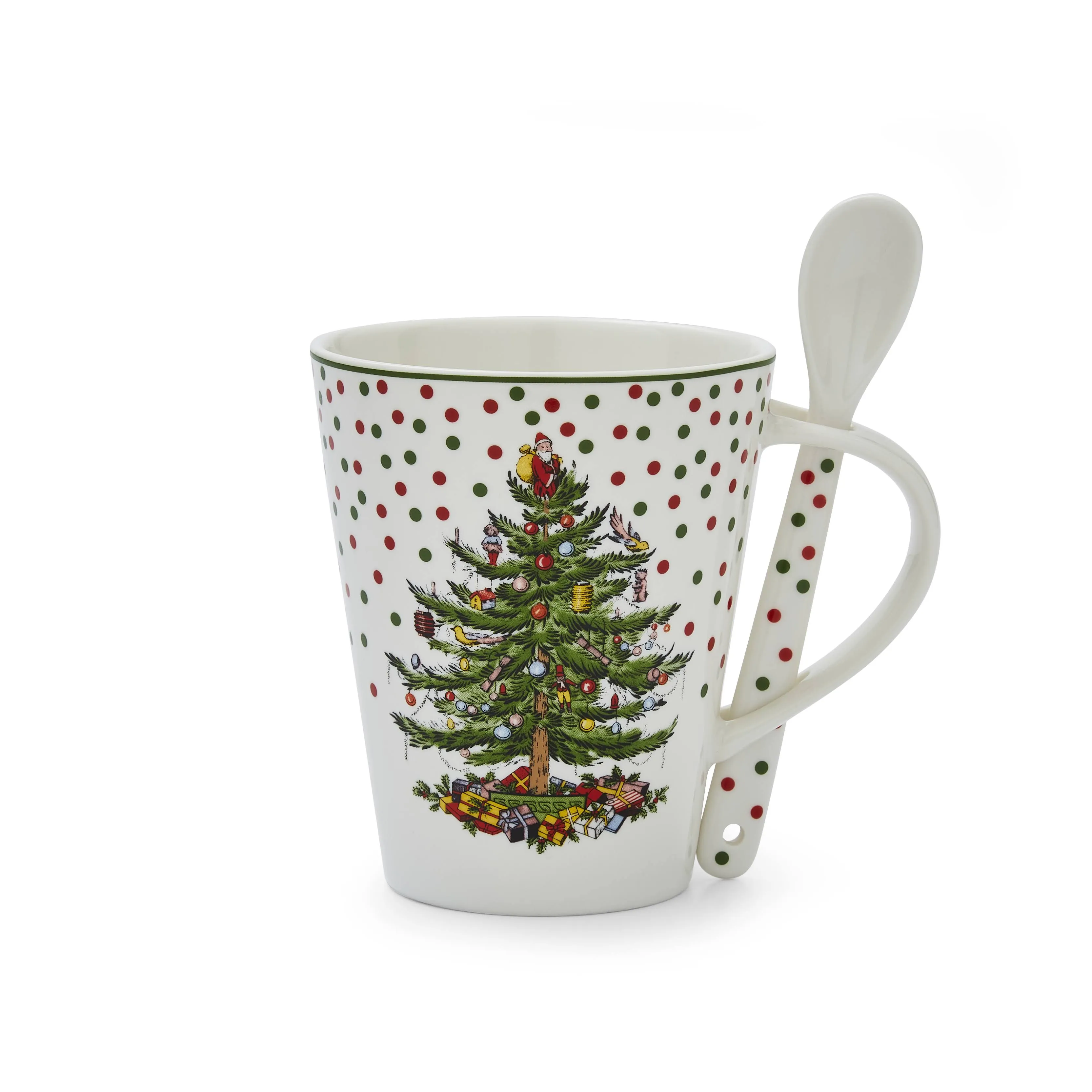 Spode Christmas Tree (Green Or Red Trim) Slotted Handle Mug & Ceramic Spoon Set