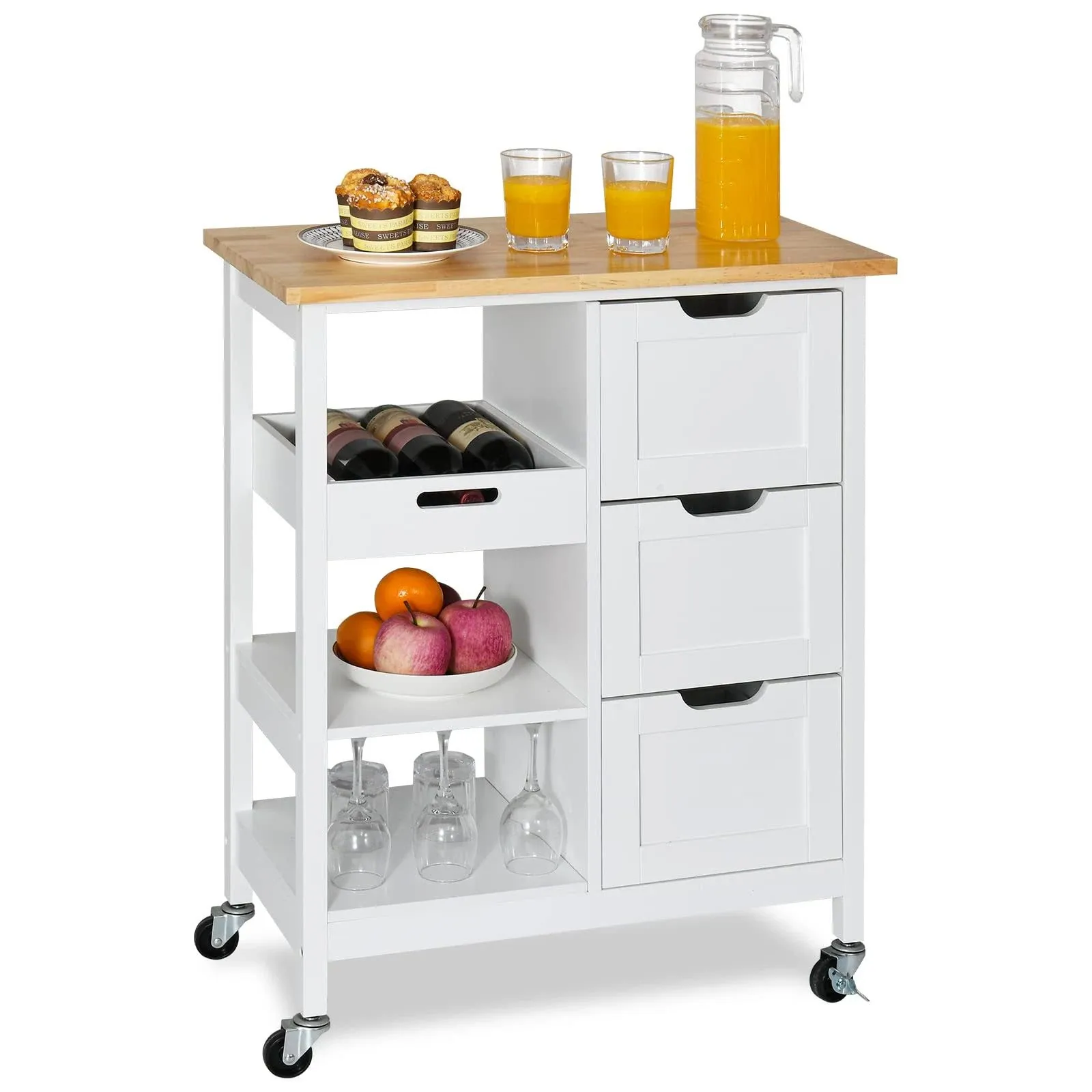 Rolling Kitchen Trolley Cart 3-Tier Wood Storage Drawers Shelves with Wheel