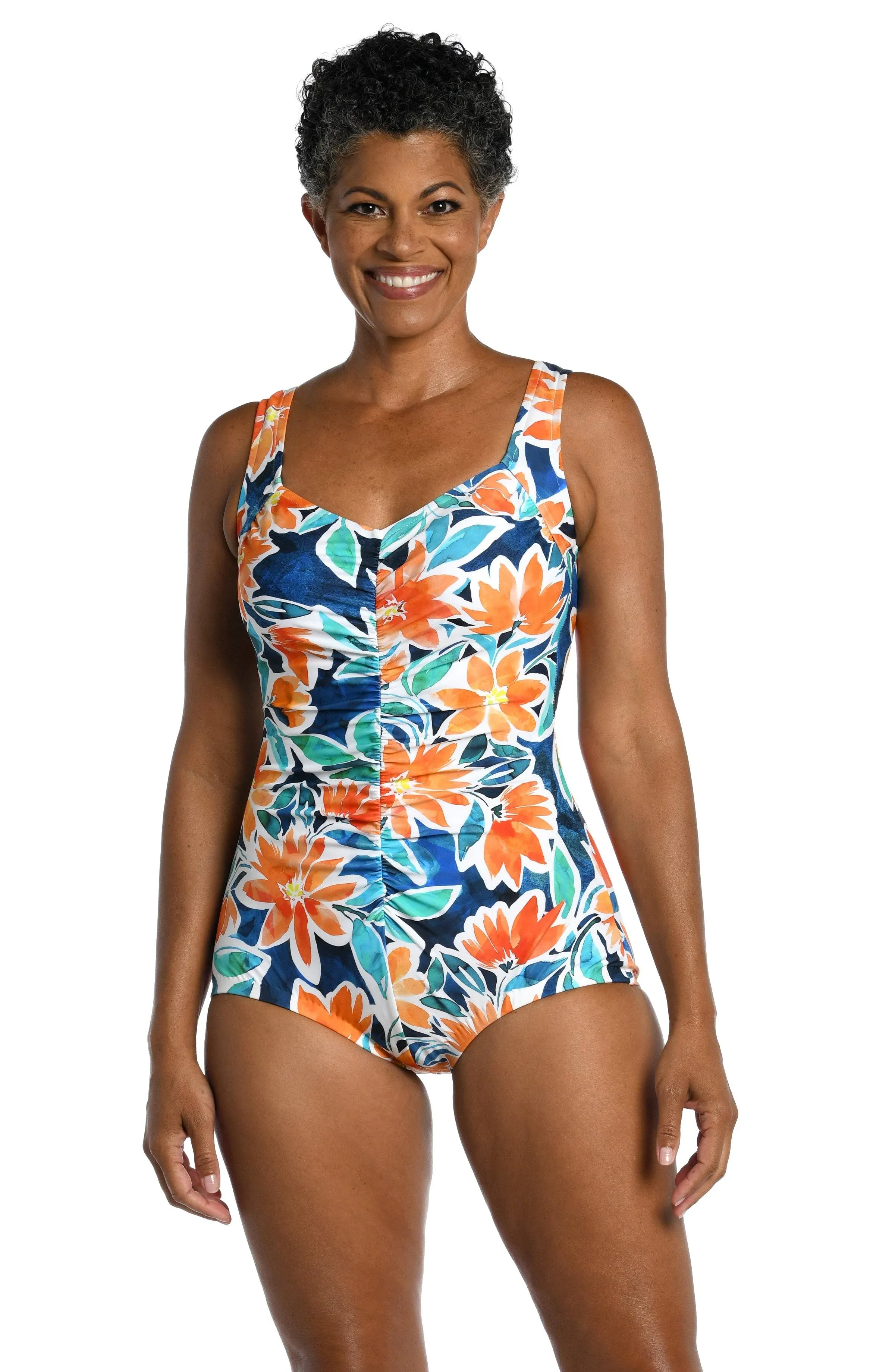 Maxine of Hollywood Women's Joyful Blooms Shirred Front Girl Leg One Piece