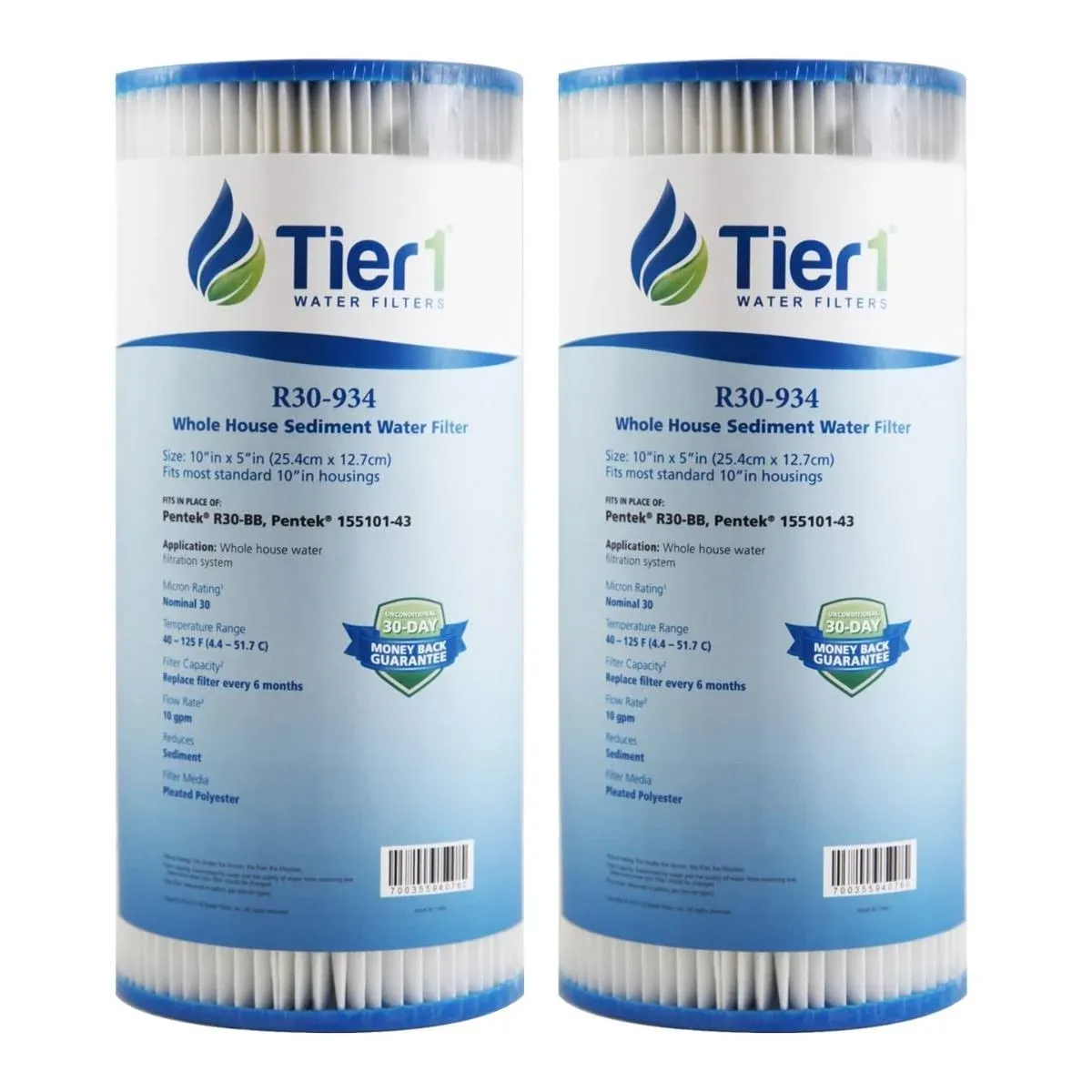 Tier1 30 Micron 10 Inch x 4.5 Inch Pleated Polyester Whole House Sediment Water Filter Replacement Cartridge