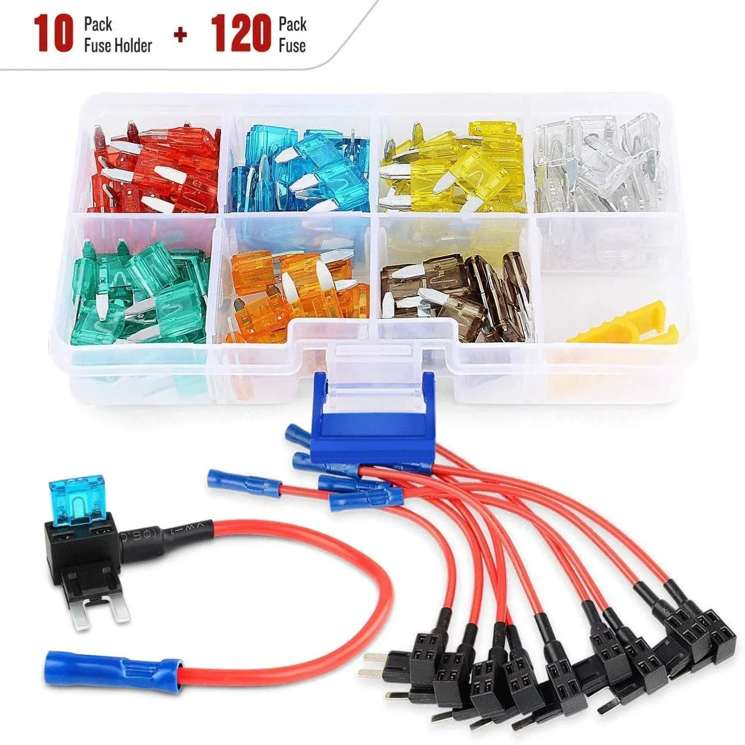 Nilight - 50034R 10 Pack 12V Car Add-A-Circuit Fuse Tap Adapter Mini Atm Apm Blade Fuse Holder with 120 PCS Mini Blade Fuse Assortment Kit (5, 7.5, 10, 15, 20, 25, 30) AMP for Cars,Trucks,Boats