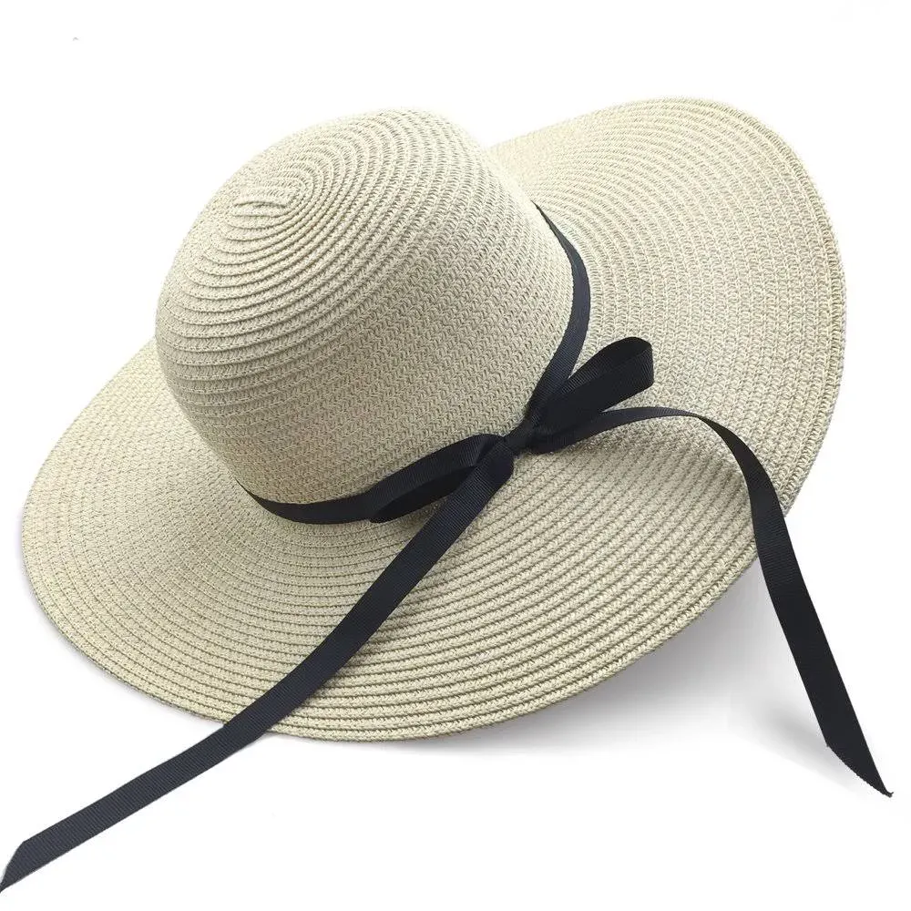 Women Straw Hat Wide Brim Floppy Beach Cap Adjustable Sun Hat with Ribbon