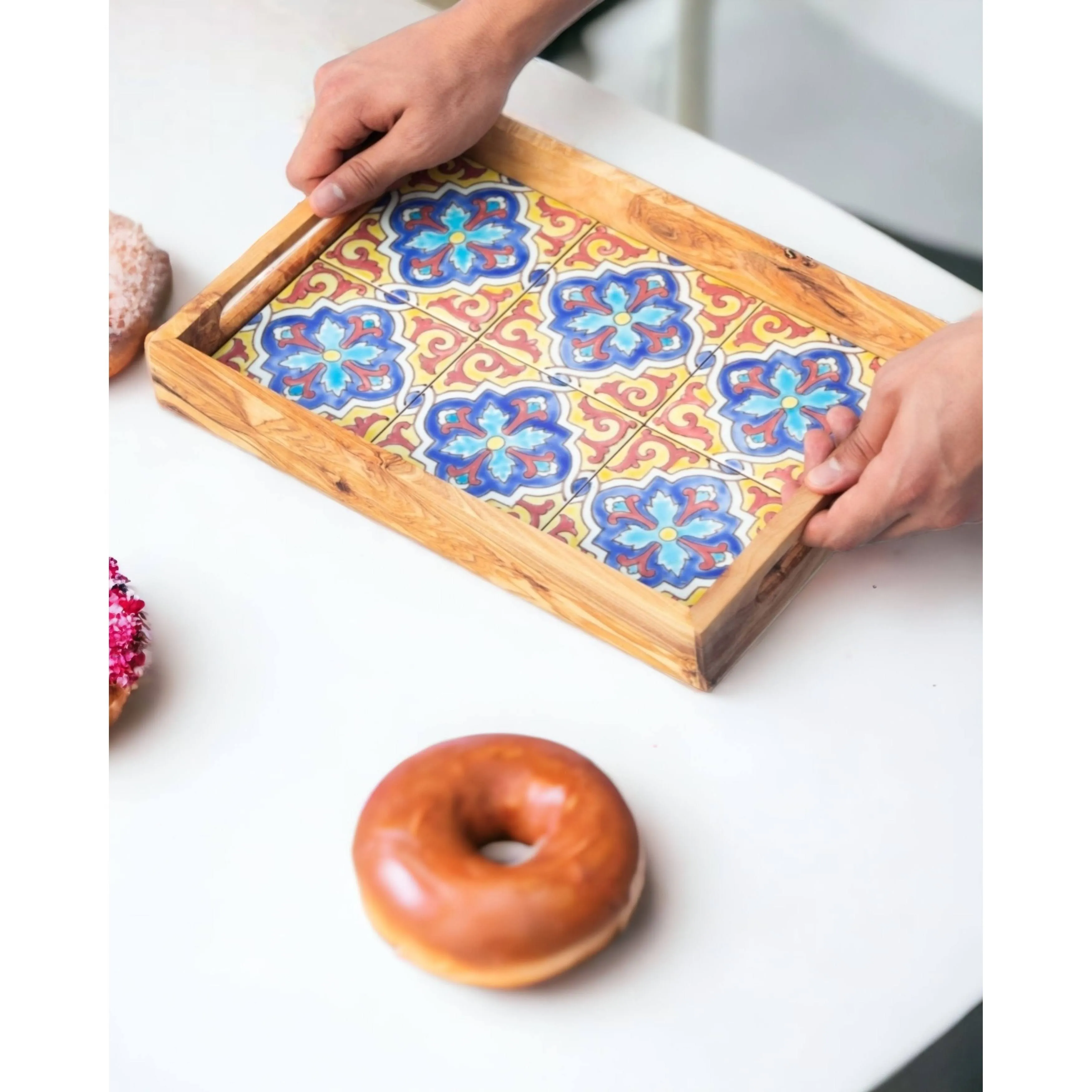 Large Olive Wood Serving Tray With Ergonomic Handles, Alhambra Design In Brown