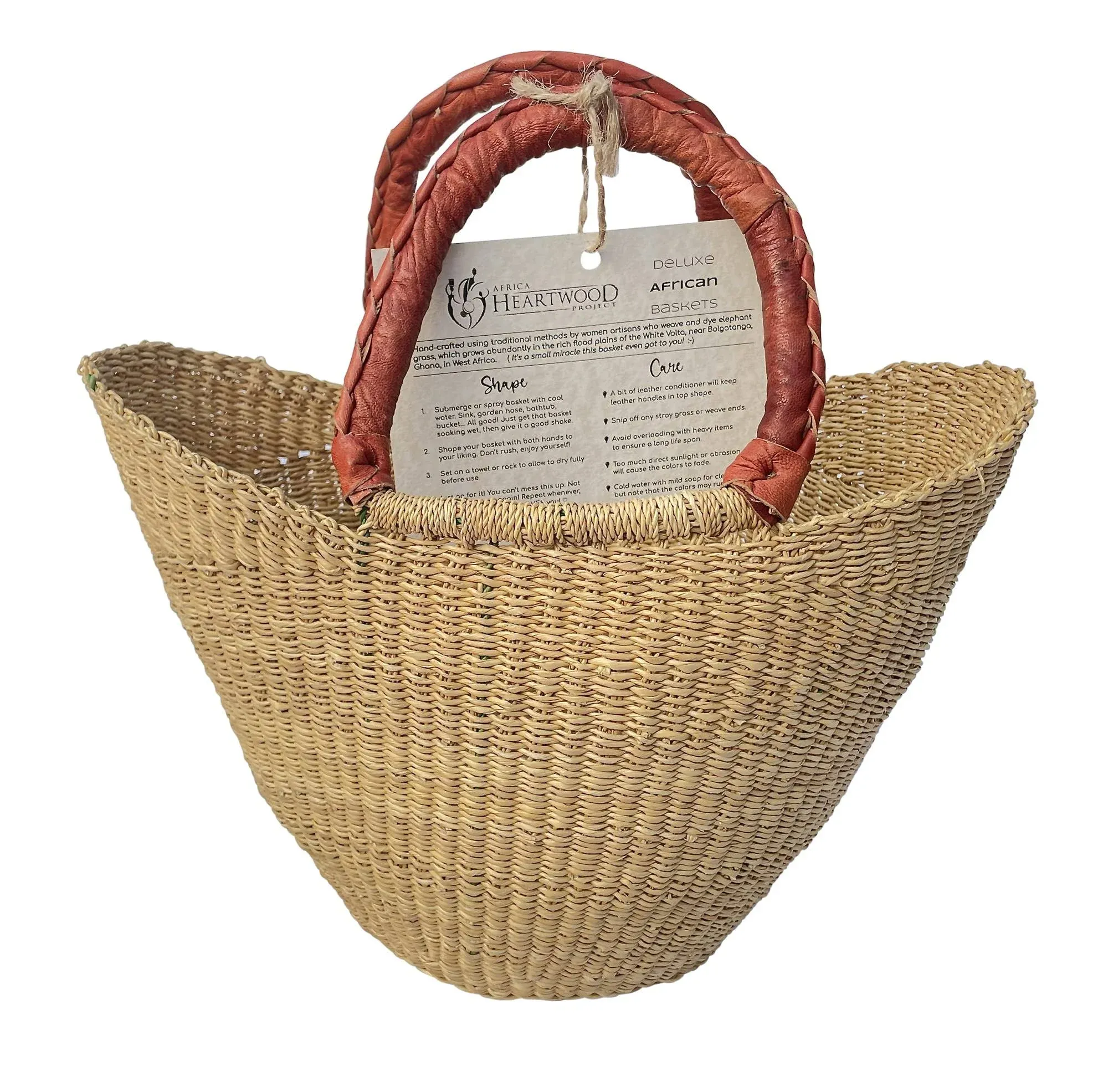 Deluxe Natural African Shopping Basket - Small 10&quot; U-shape - by market women in Bolgatanga, Ghana with AHP - GBSSN (Flat-packed)