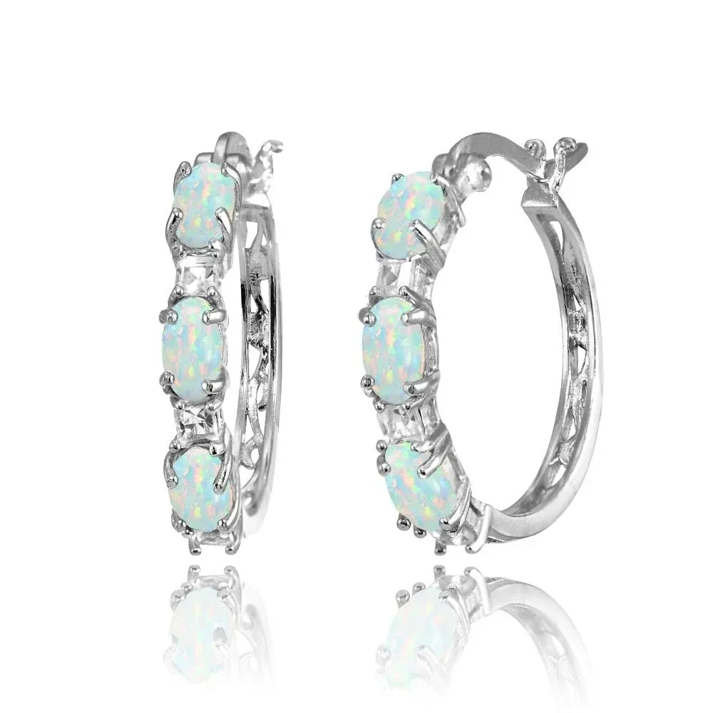 Sterling Silver Oval Created White Opal & Princess-Cut White Topaz Filigree Hoop Earrings