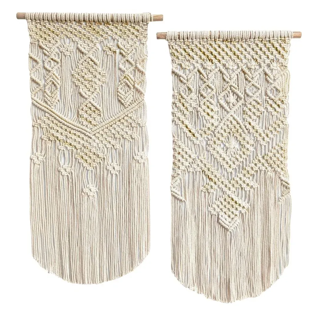 LIVALAYA Boho Macrame Wall Hanging Woven Decor, 24”L x 13”W, Set of 2, Beige wall decor Modern Bohemian Farmhouse woven wall hangings for House Apartment Dorm Room, Nursery, Geometric Aztec Décor