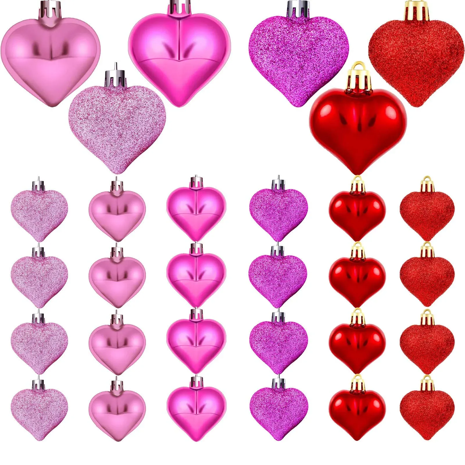 Emopeak Romantic Heart Ornaments for Valentine Tree, 24 Pieces Valentine's Day Heart Baubles - 2 Styles (Glossy, Glitter) 3 Color - Hanging Decorations for Home Hotel Wedding Party