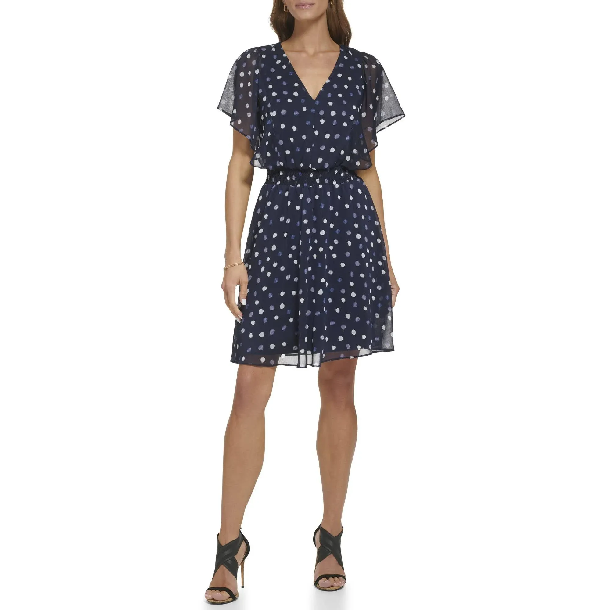 Dkny Women's Printed Chiffon Smocked-Waist Fit & Flare Dress - Navy Multi - Size 4