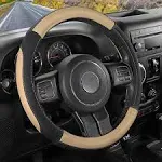 SEG Direct Car Steering Wheel Cover for F-150 Tundra Range Rover 15.5-16 inch, Black and Beige Microfiber Leather