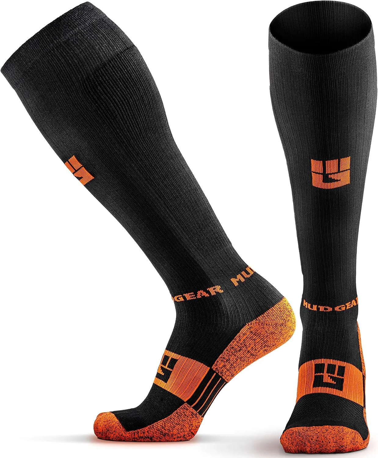 MudGear Premium Compression Socks - Run, Hike, Trail, Recovery (Black/Orange-<wbr/>L)