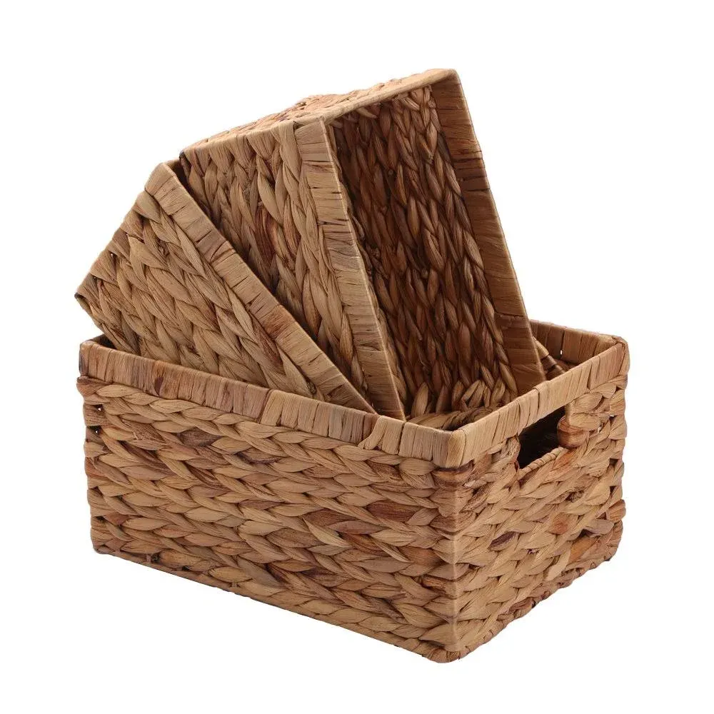 Storage Basketswoven Natural Water Hyacinth Box With Handle.set Of 3