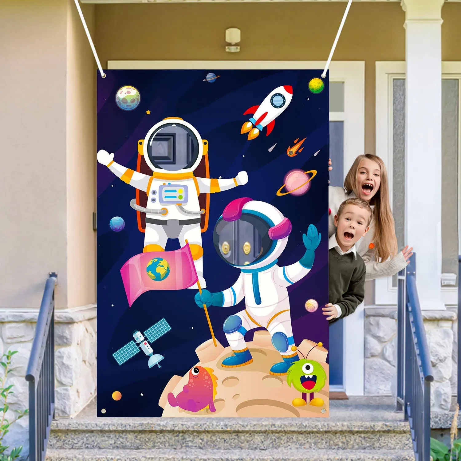 Ticiaga Outer Space Photo Door Banner, Large Fabric Astronaut Face Photography Banner Background, Astronaut Pretend Play Party Game Photo Props Backdrop Props, Universe Space Theme Party Favor Supply