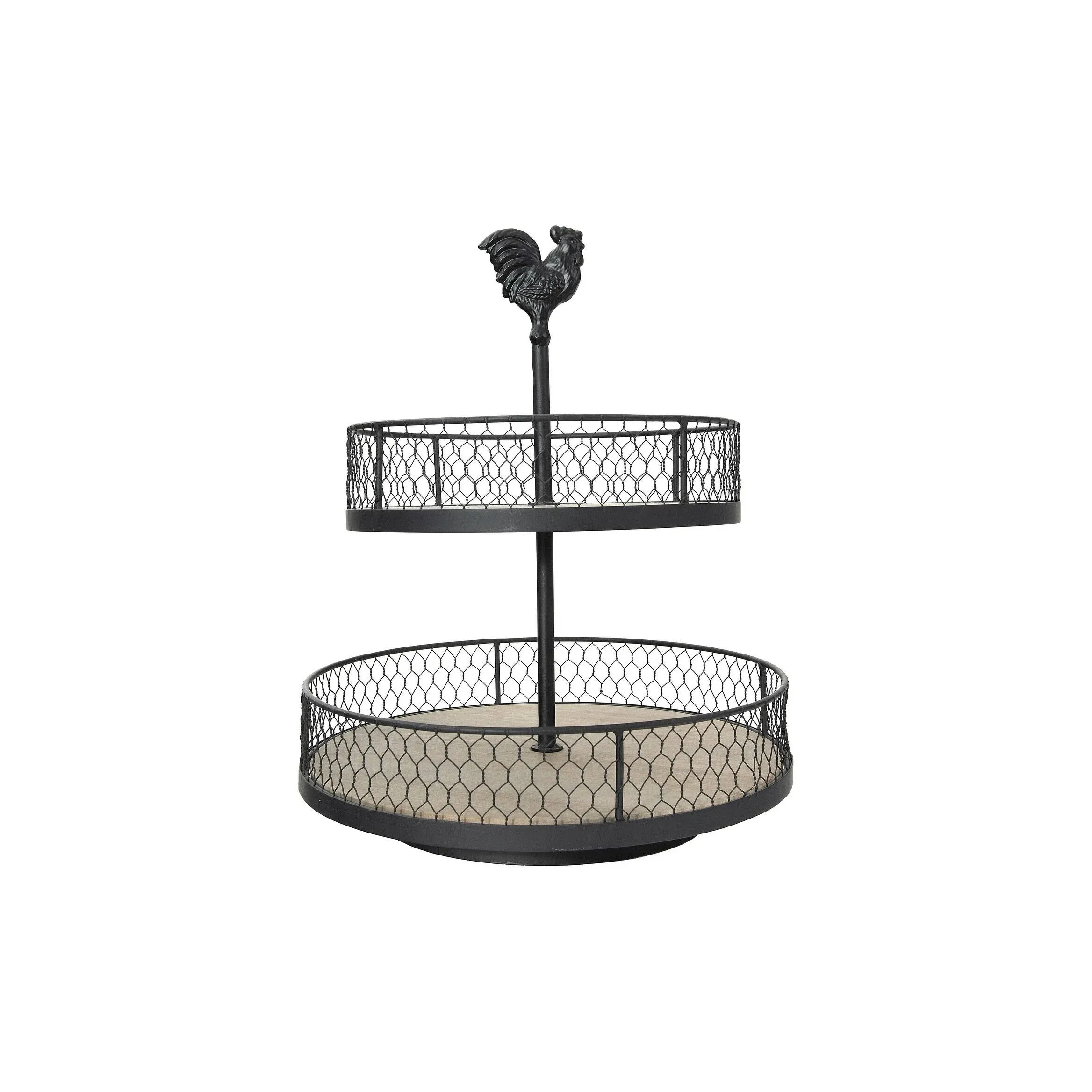 3R Studio 2-Tier Wood Metal Round Trays with Rooster Top - Black