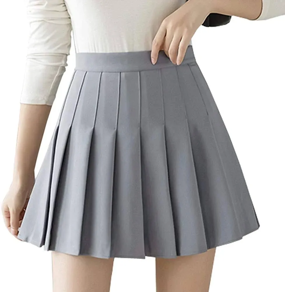 Girls Women High Waisted Pleated Skirt Plain Plaid A-line Mini Skirt Skater Tenn