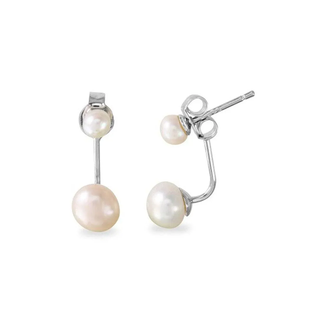 925 STERLING SILVER DROPPED STUD EARRINGS W/ LAB PEARLS / 6MM BY 14MM 