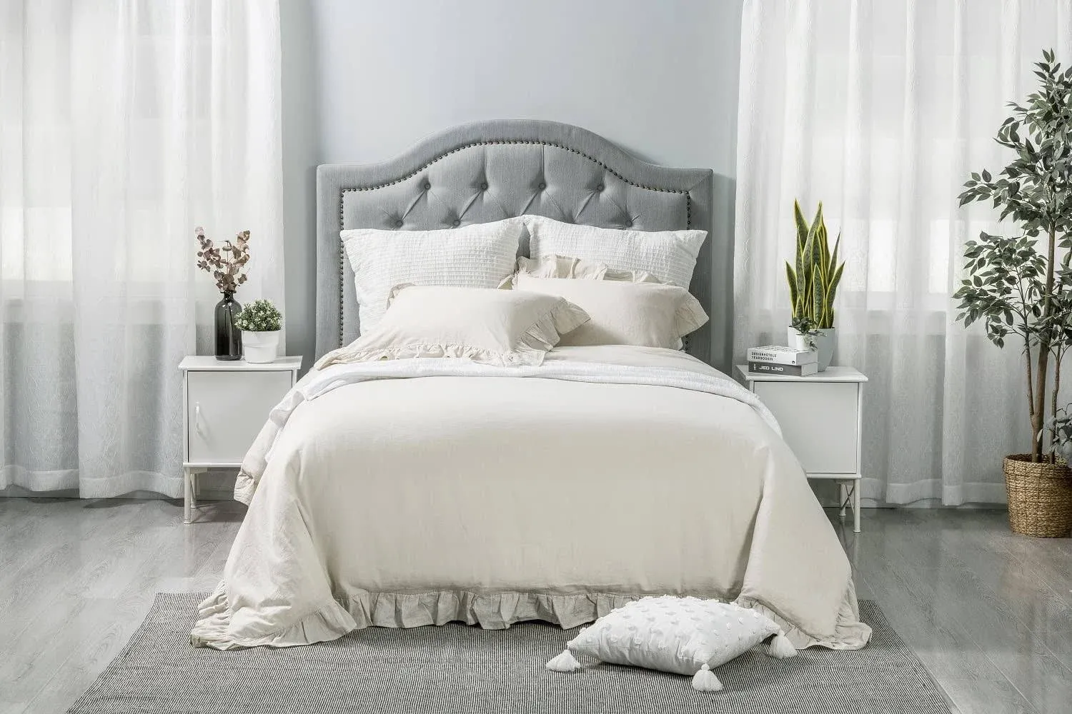 WHOLINENS Stone Washed Linen Blend Duvet Cover Set 3Pcs Ruffled