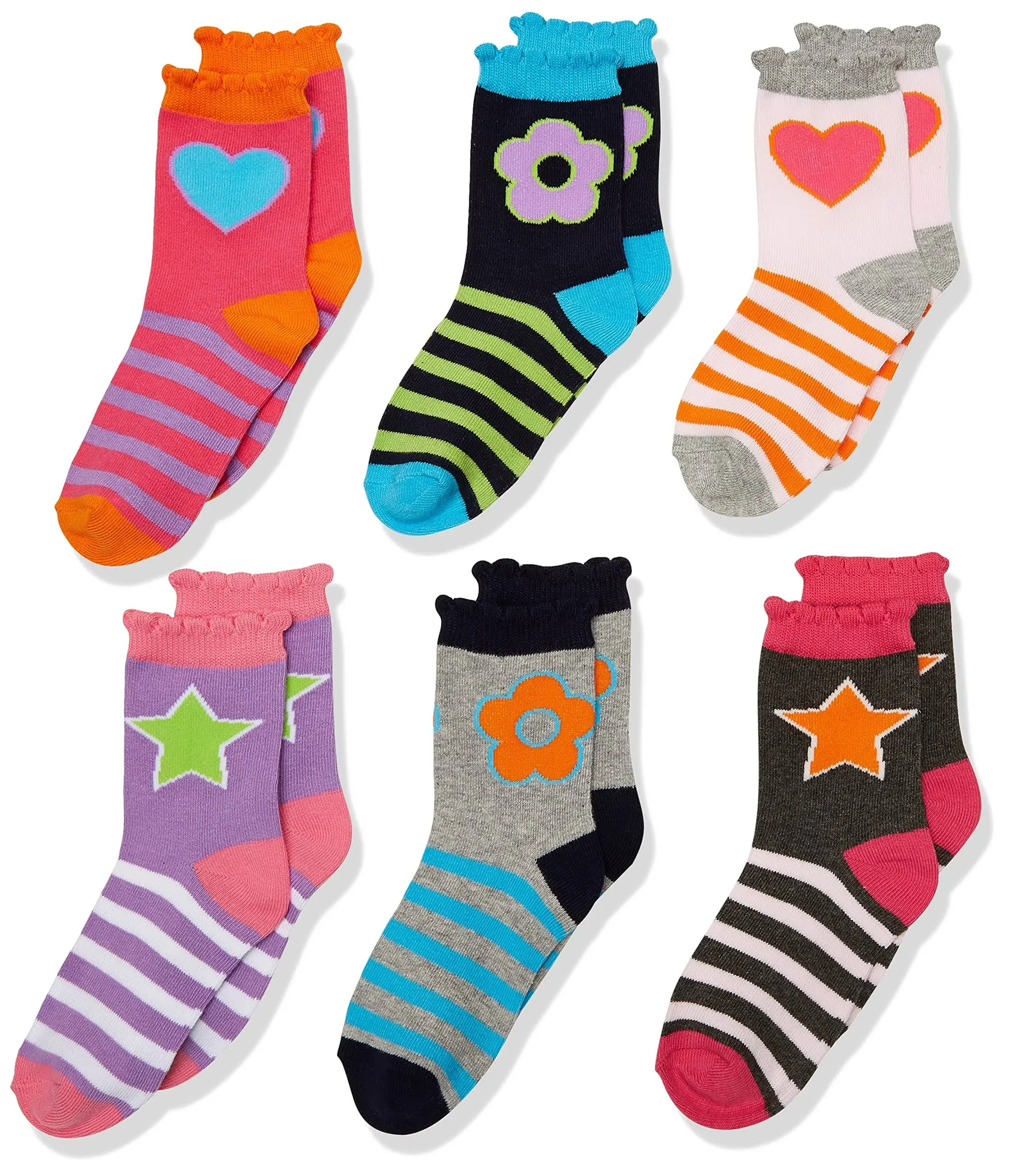 Jefferies Socks Girls' Hearts/daisies/stripes Fashion Crew Socks 6 Pack