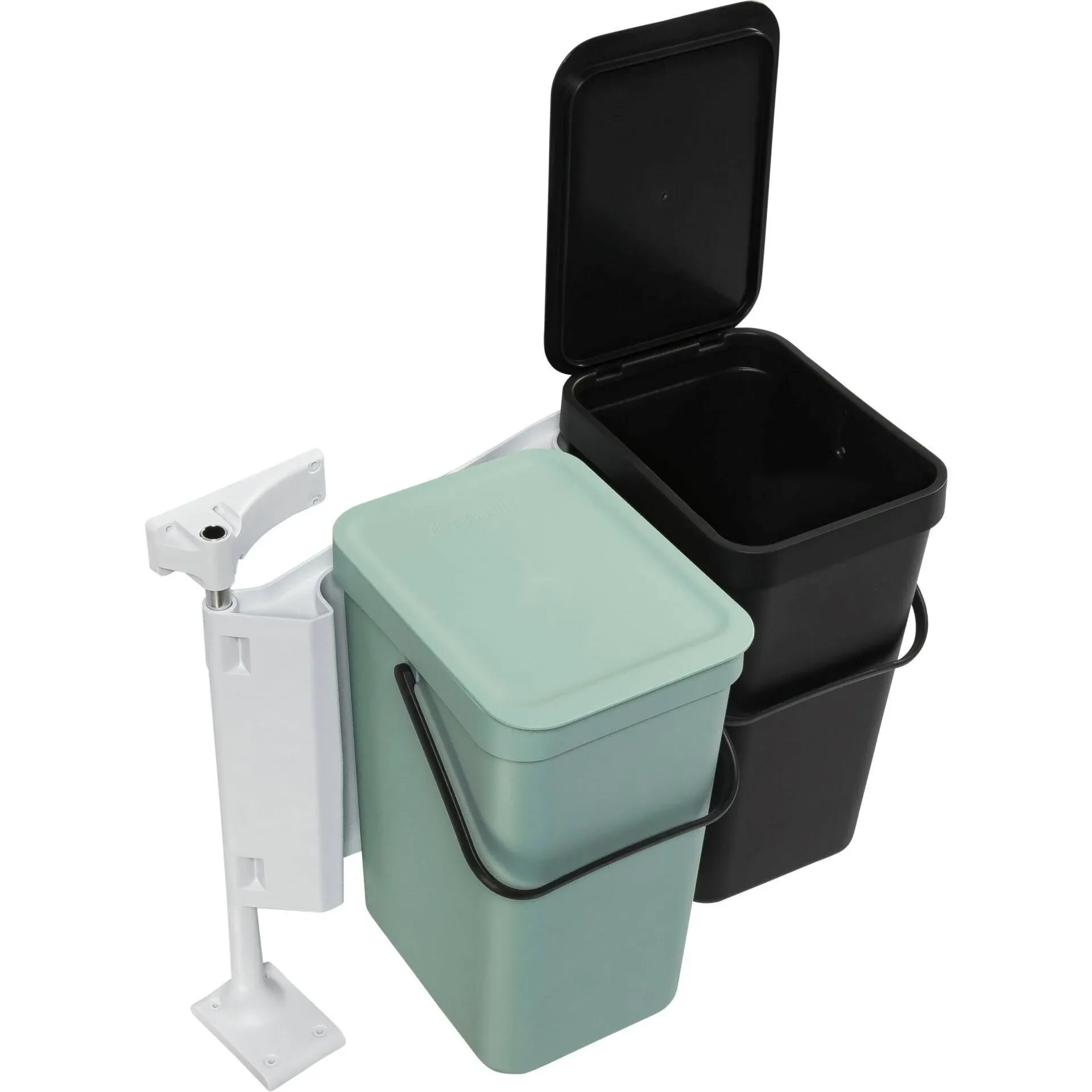 Brabantia Sort & Go Built-in Cupboard Recycling Cans (2 x 3.2 Gal/Dark Gray & Jade Green) Double Door Mounted Trash Organisers with Handles & Removable Lids